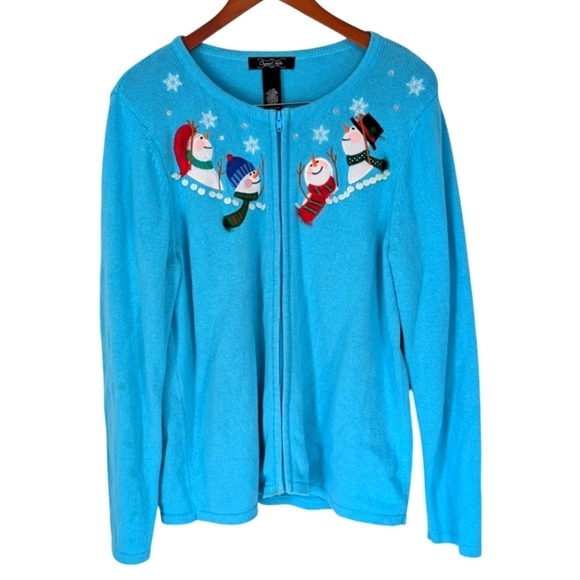 Vintage Crystal Kobe Blue Snowman Full Zip Sweater Size Large - Picture 1 of 5